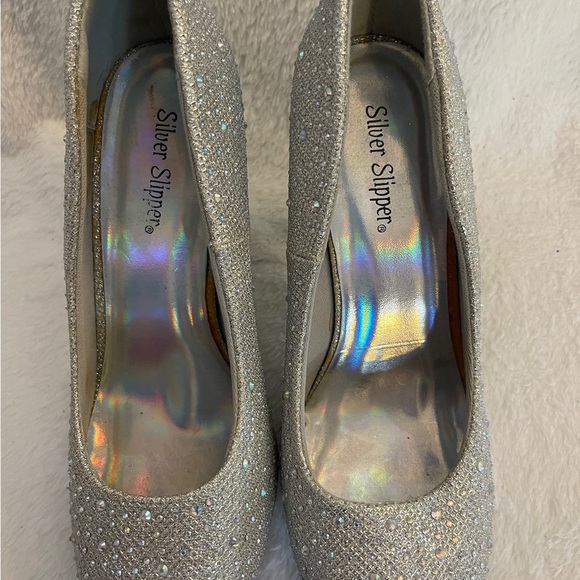 Silver Slipper Shoes - Silver Glitter High Heels with Pointed Toe